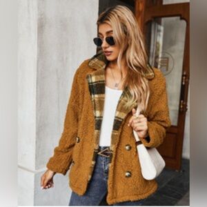 Melody Sherpa Teddy Jacket Open Front Rust Brown Plaid Women’s Size Small